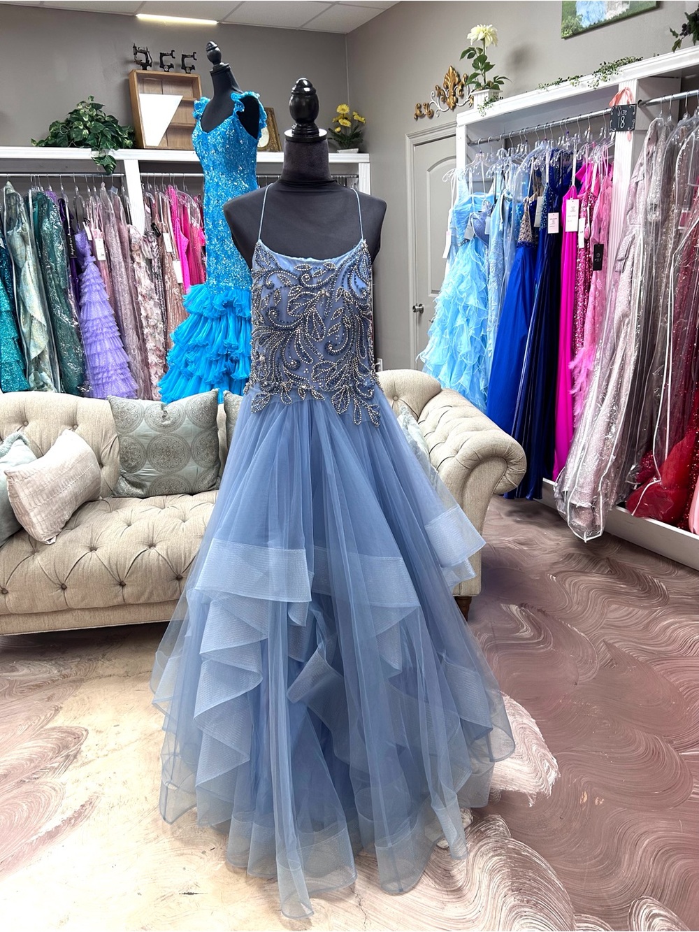 Dusty Blue Beaded Tulle Prom Gown - Elegant Evening Dress